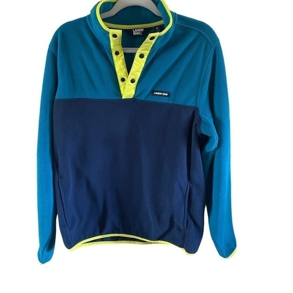 NWT Lands End Men’s Colorblock Pullover Snap Button Fleece Size Medium Navy Teal - Picture 2 of 11